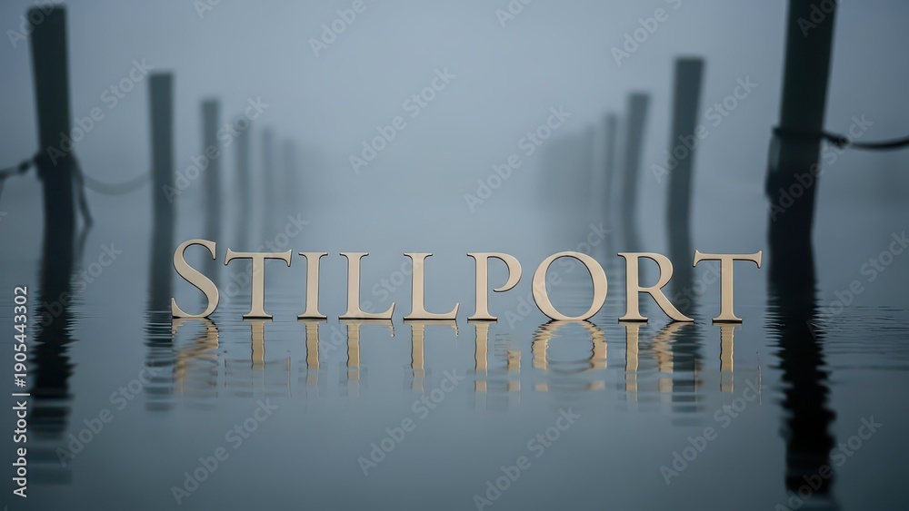 Naklejka premium Foggy Stillport Harbor with Wooden Piers.