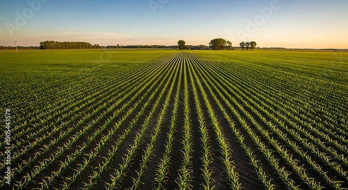 Wallpaper Mural Rows of young green corn plants stretching across a vast agricultural field at sunset Torontodigital.ca