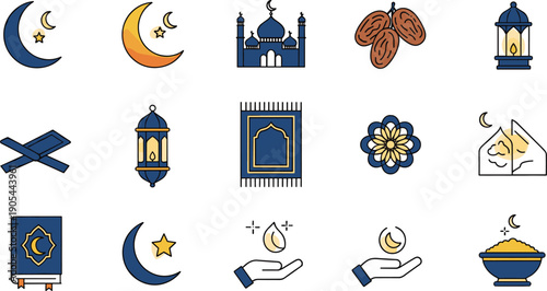 Ramadan icon collection illustration, mosque crescent moon star, lantern and Quran artwork, prayer rug design, fasting dates vector, eid celebration graphic