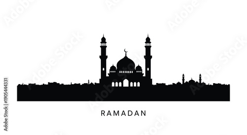 Ramadan mosque silhouette with minarets and dome on white background