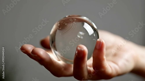 Close up of hands holding a clear glass sphere reflecting light.