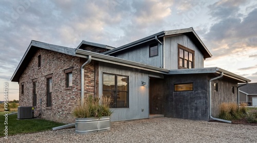 Modern hybrid architectural design featuring brick and wooden cladding with expansive windows and landscaped surroundings