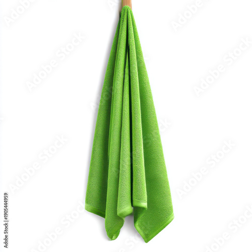 Lime green textured knitted towel hanging vertically against a plain white background.
