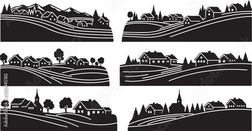 Black and white rural landscape silhouettes with rolling hills