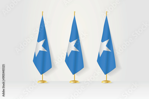 Three Somali flags in a row on a golden stand, an illustration of a press conference and other meetings