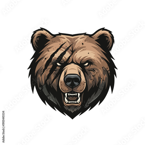 Aggressive grizzly bear head illustration with sharp claws and angry expression.