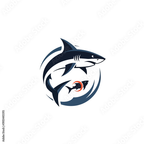 Dynamic shark logo design with a fish in a circular shape, modern style.