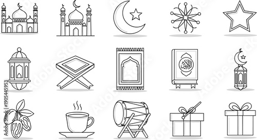 Ramadan icon set illustration, mosque crescent moon star, lantern and Quran artwork, prayer rug design, fasting dates vector, eid celebration graphic
