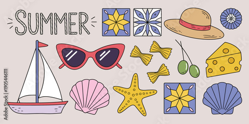 Amalfi Coast Hand Drawn Illustration Set with Sailboat, Sunglasses, Ice Drink, Summer Hat, Shells, Olives and Traditional Italian Tiles, Colorful Mediterranean Travel Doodles