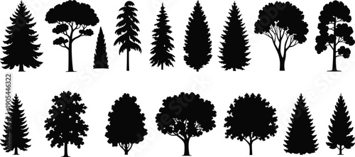 Black forest tree silhouettes collection isolated on white background featuring pine and deciduous species for landscape design and nature illustration