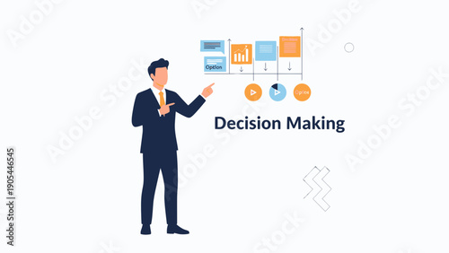 Businessman pointing at decision making chart with graphs and icons