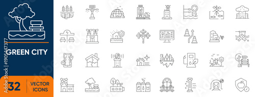 Green city Icon Set. Containing eco-friendly buildings, sustainable transport, Urban Architecture, green spaces and more. Editable vector Line icons collection.