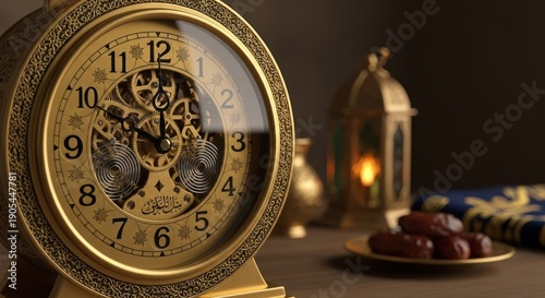 A golden clock with Arabic calligraphy and a plate of dates on a wooden table with a blue and gold cloth.