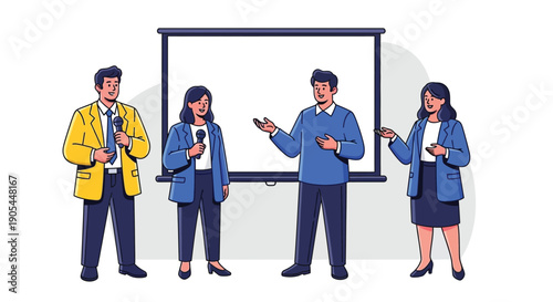 Four people standing in front of a whiteboard with presentation materials