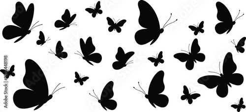 Black butterfly silhouettes in various sizes and orientations on white background, symbolizing flight, freedom, nature, abstract design, decorative art, and creative illustration concepts