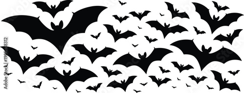 Halloween bat silhouette swarm with flying spooky wildlife mammals isolated on white background, dark vector illustration collection for logo design, decoration, branding and posters