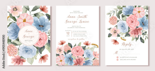 wedding invitation set with pink blue floral watercolor background