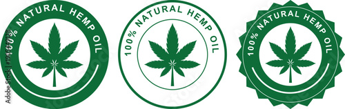 Natural hemp oil certification badges with green leaf symbol set