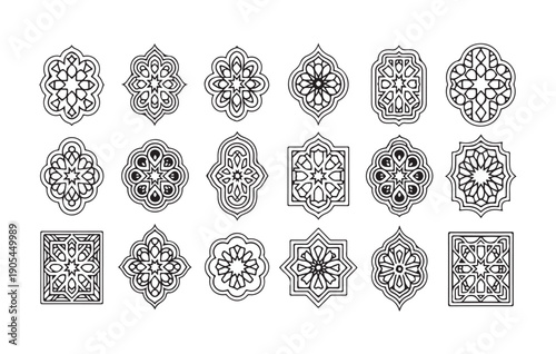 A large collection of intricate outline geometric Islamic patterns and rosettes on a white background