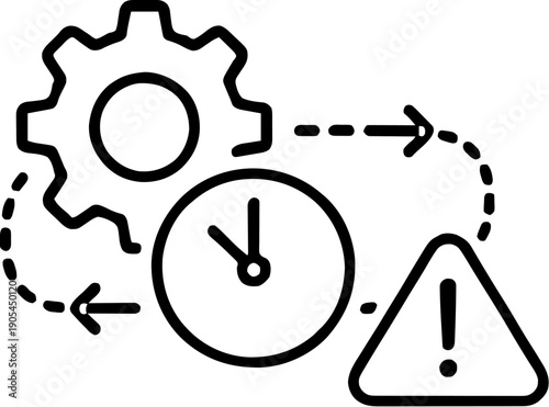 Minimalist Icon of Time Management Process with Warning Sign Line Art Illustration - Deadline Issue and Risk Concept
