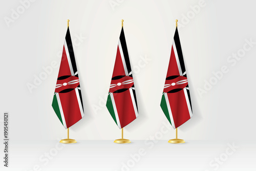 Three Kenyan flags in a row on a golden stand, illustration of a press conference and other meetings