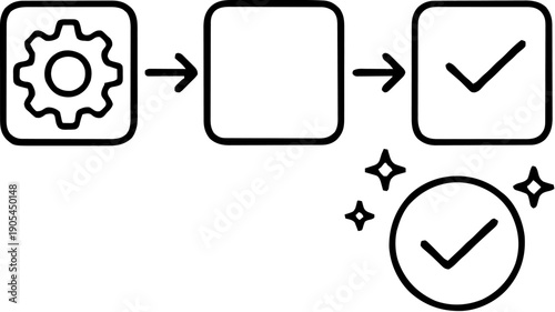 Process Workflow Completion Minimalist Icon with Gear and Check Marks. Progression and Success Line Art Illustration.