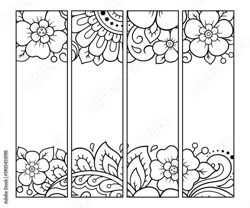 Printable bookmark for book - coloring. Set of black and white labels with flower patterns, hand draw in mehndi style. Sketch of ornaments for creativity of children and adults with colored pencils.