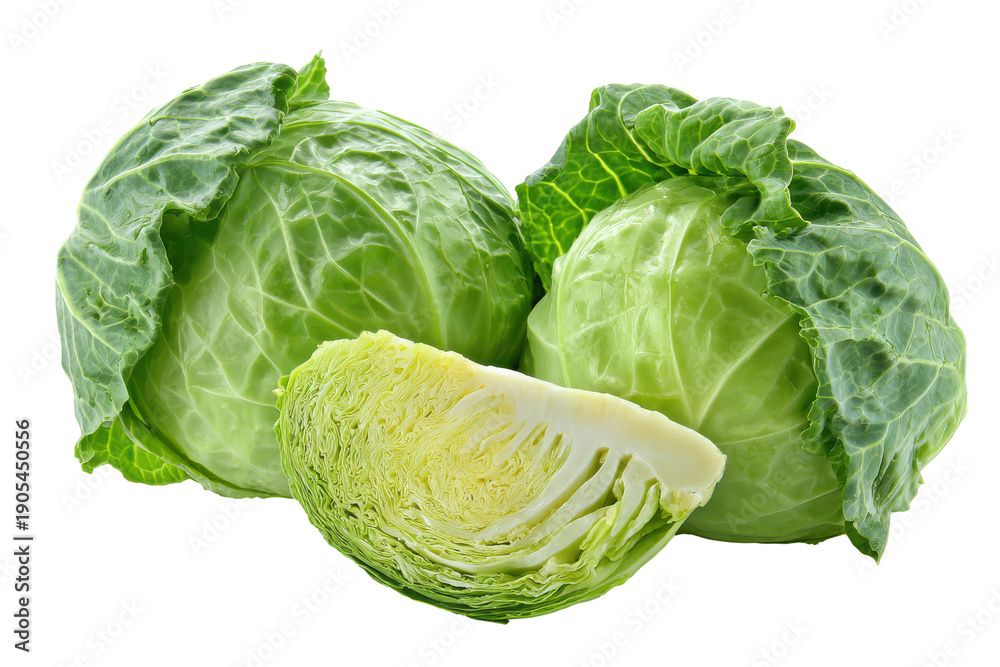 Fototapeta premium Fresh green cabbage heads and a cut piece isolated on transparent background. Fresh green cabbage heads, one cut in half, healthy food isolated on white background.