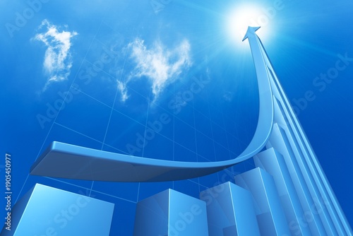 Foto Abstract 3D business illustration of a rising arrow above bar charts reaching toward a bright sky, symbolizing growth, success, ambition, financial progress, and positive future outlook