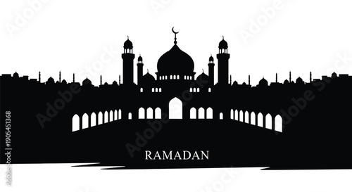 Ramadan Mosque Silhouette with Crescent Moon and Copy Space