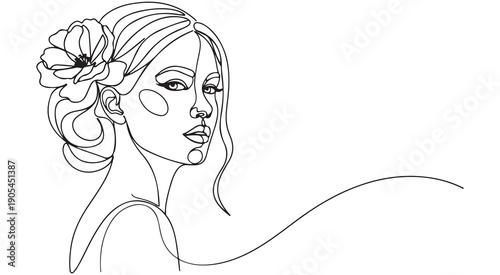 Continuous Line Drawing of a Woman's Face with a Flower in Her Hair