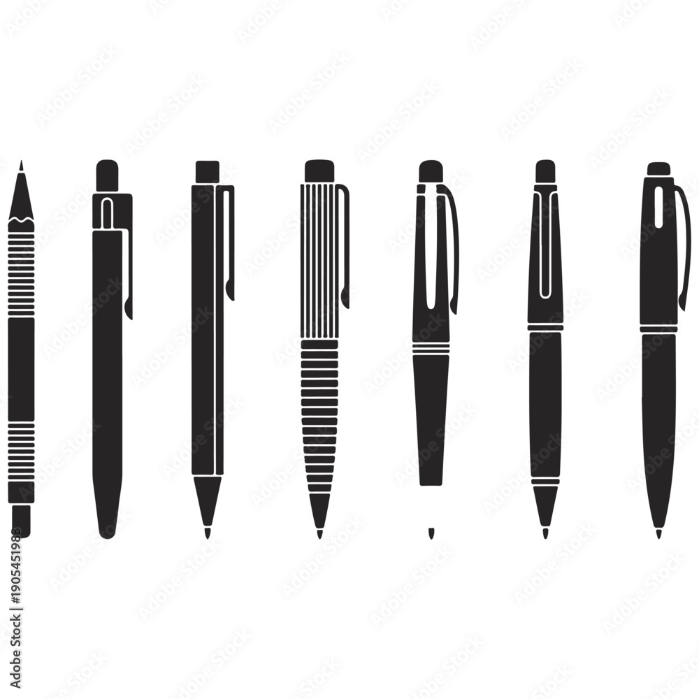 Fototapeta premium Variety of Black Pen and Pencil Silhouettes, Ideal for Writing and Art Projects