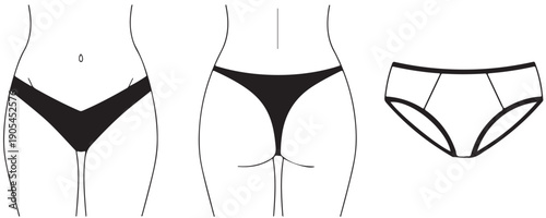 Line Art Illustrations of Women's Underwear Styles: Thong, G-string, and Briefs