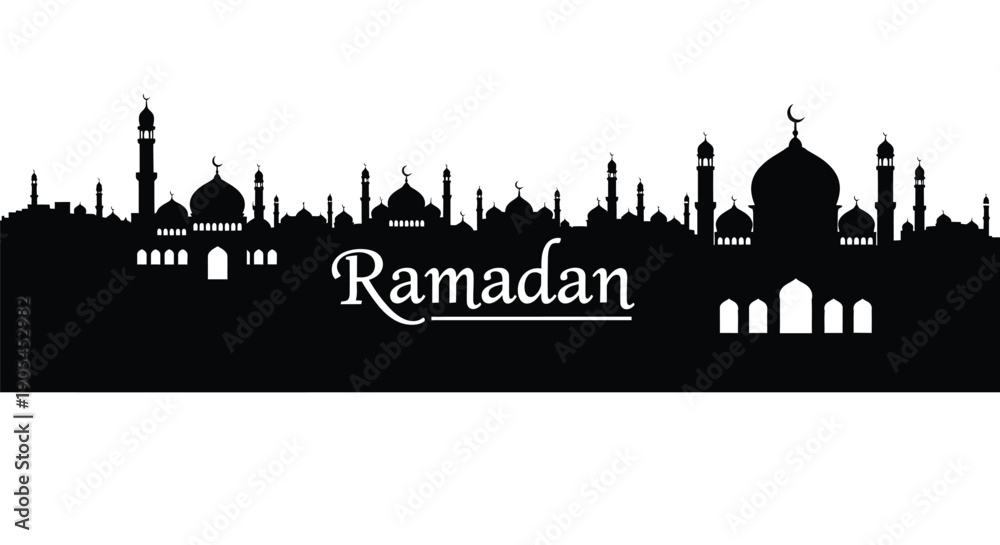 Naklejka premium Ramadan city skyline silhouette with mosque architecture and copy space
