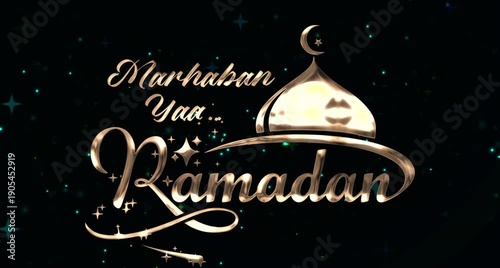 Marhaban Yaa Ramadan Text Drifts in Sacred Motion, welcoming the holy month through greeting visuals, mosque screen backdrops, fasting reminder media, and serene Islamic digital design