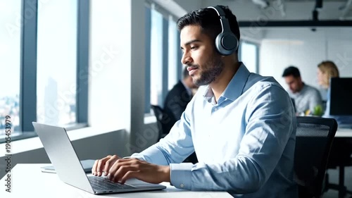Focused man wearing headphones working on laptop in modern office environment.