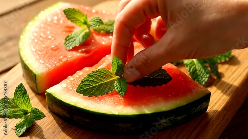 Fresh Watermelon Slices Decorated with Mint Leaves on Wooden Board.