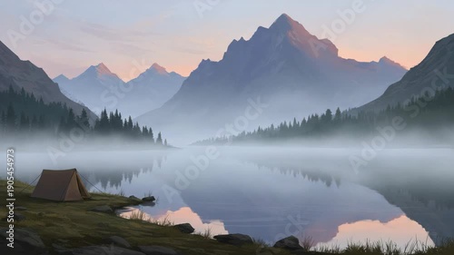 Serene landscape with tent by calm lake at sunrise in mountains  