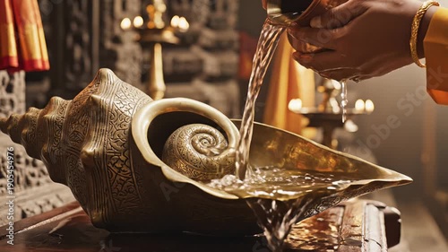 Traditional Indian Ceremony Water Pouring Into Large Conch Shell Ornate Brass Offering Bowl With Intricate Swirl Design In Dim Temple Lighting With Ornate Fabric Drapes In Background