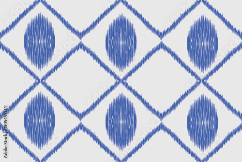 Seamless ikat pattern with hand-drawn diamond shapes and textured oval motifs in blue on a light background. Modern boho geometric repeat design inspired by traditional textile weaving, perfect for fa