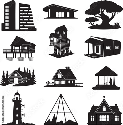 black and white silhouette buildings and trees