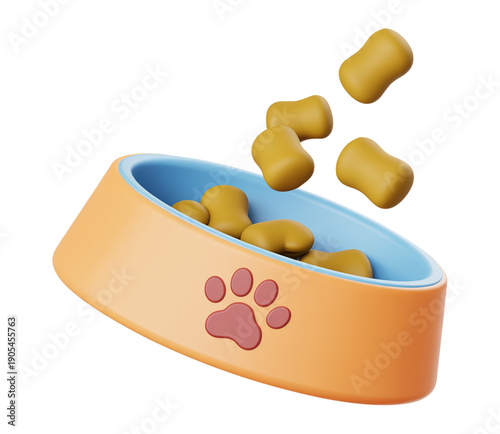 3D Dog Bowl with Floating Pet Food Kibbles and Paw Print Design