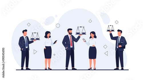 Legal Team Balancing Justice Scales, Business Law Concept