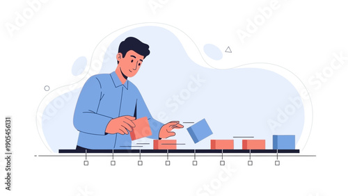 Man assembling blocks on assembly line, concept of teamwork and productivity