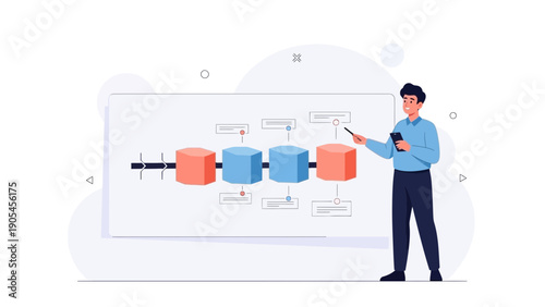 Man Presenting Blockchain Technology Diagram on Screen