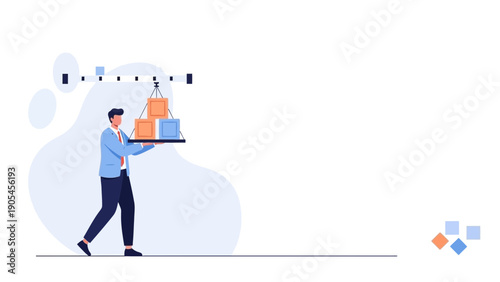 Man carrying boxes on a tray, logistics and delivery concept, flat design illustration
