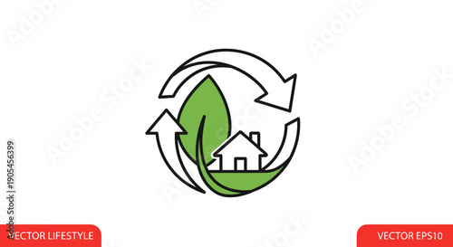 Vector illustration of a house with a leaf in a circular recycling symbol on a white background with green accents.