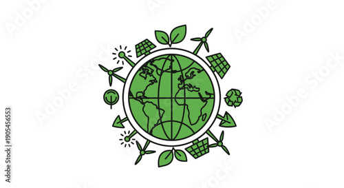 Illustration of a green globe surrounded by eco-friendly icons like leaves, solar panels, and wind turbines on a white background with a focus on sustainability.