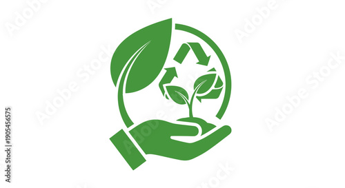Green logo of a hand holding a recycling symbol with leaves on a white background with eco-friendly theme.