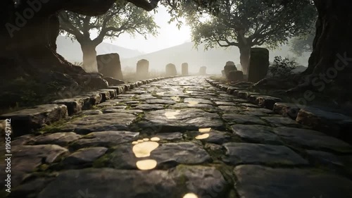 Mystical Stone Path with Footprints Leading to the Horizon.